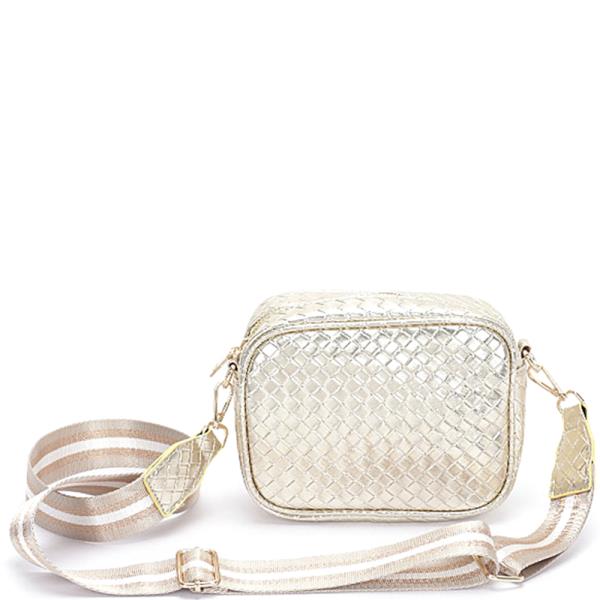 METALLIC EMBOSSED FAUX LEATHER CROSSBODY BAG W STRAP