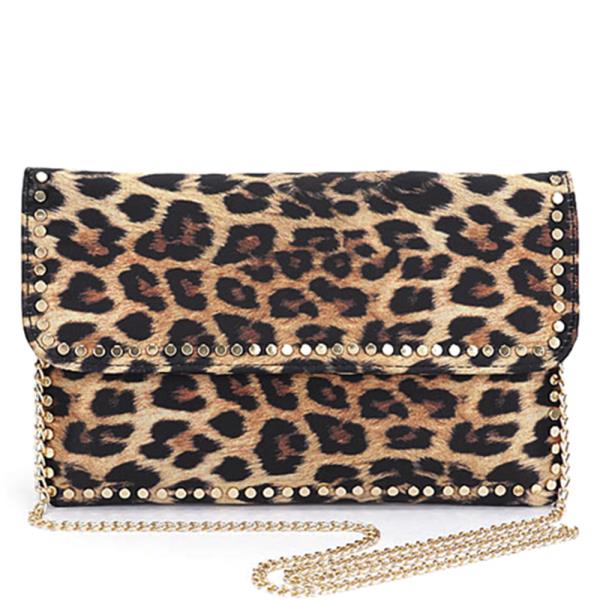 NYLON LEOPARD METAL STUDDED CLUTCH BAG