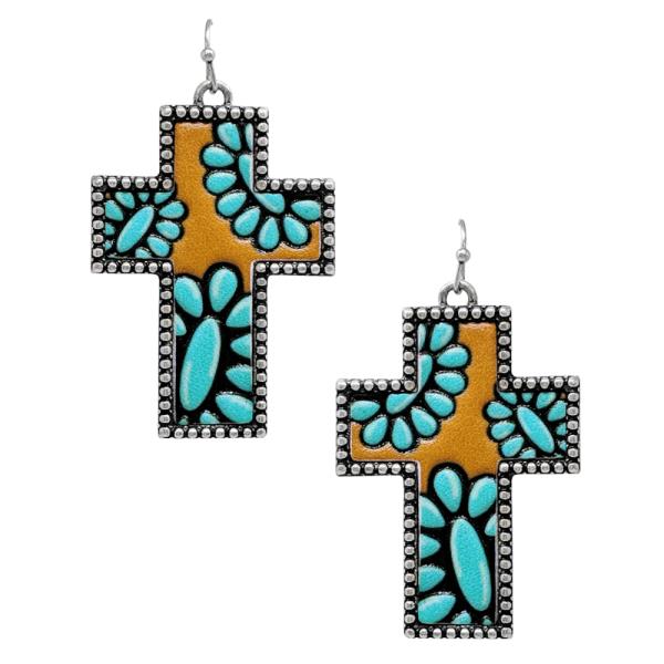 WESTERN STYLE TOOLED LEATHER CROSS DANGLE EARRING