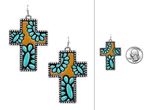 WESTERN STYLE TOOLED LEATHER CROSS DANGLE EARRING