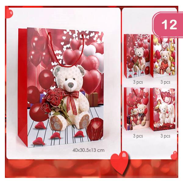 VALENTINES DAY TEDDY BEAR HEARTS LARGE SIZE GIFT BAG (12 UNITS)