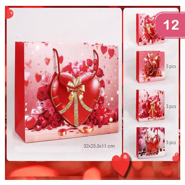 VALENTINES DAY HEART GOLD BOW RECTANGLE GIF BAG (12 UNITS)