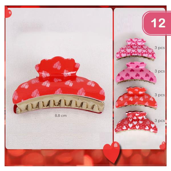 PINK AND RED HEART JAW HAIR CLIPS (12 UNITS)