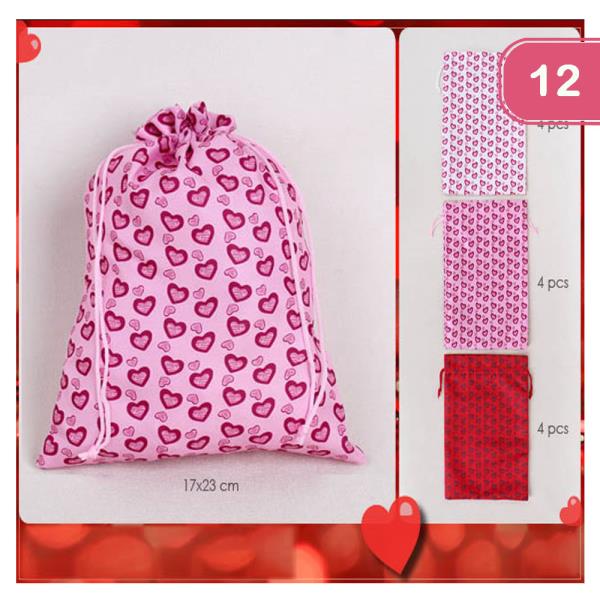 HEART VALENTINES DAY DRAWSTRING GIFT BAG (12 UNITS)