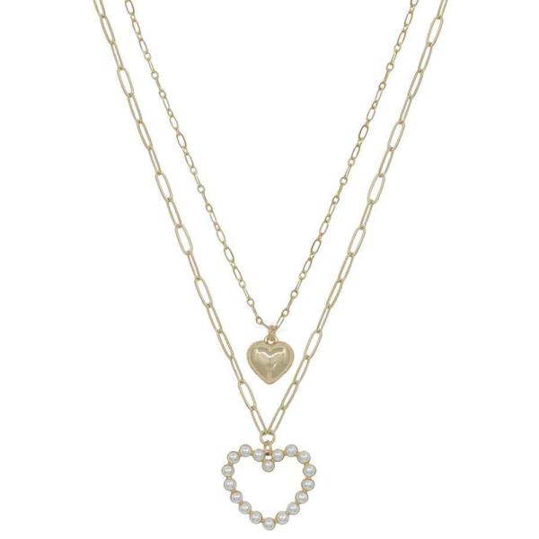 DOUBLE LAYERED METAL PEARL HEARTS NECKLACE