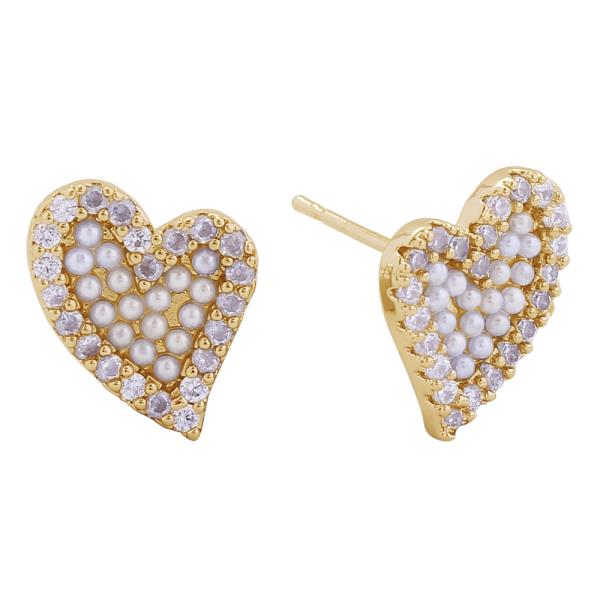 14K GOLD/ WHITE GOLD DIPPED PEARL PAVE HEART POST EARRING