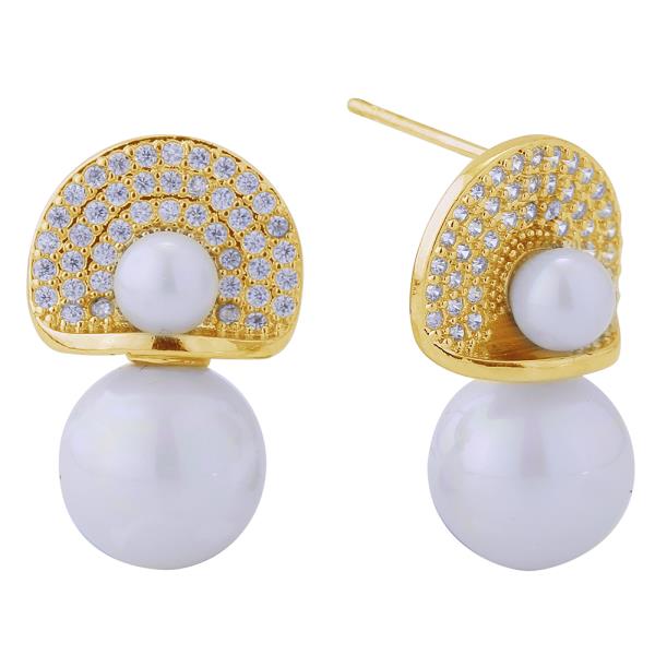 14K GOLD/ WHITE GOLD DIPPED DANGLE PEARL PAVE CZ POST EARRINGS