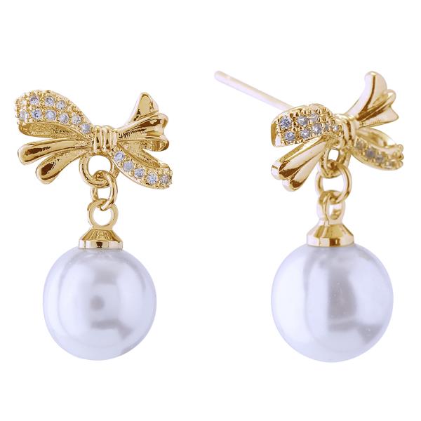 14K GOLD/WHITE GOLD DIPPED DANGLE PEARL RIBBON POST EARRINGS