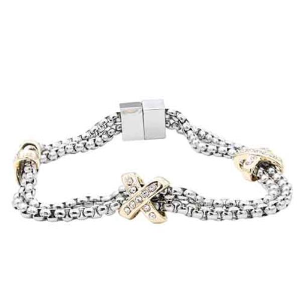 TWO TONE CZ CROSS METAL BRACELET
