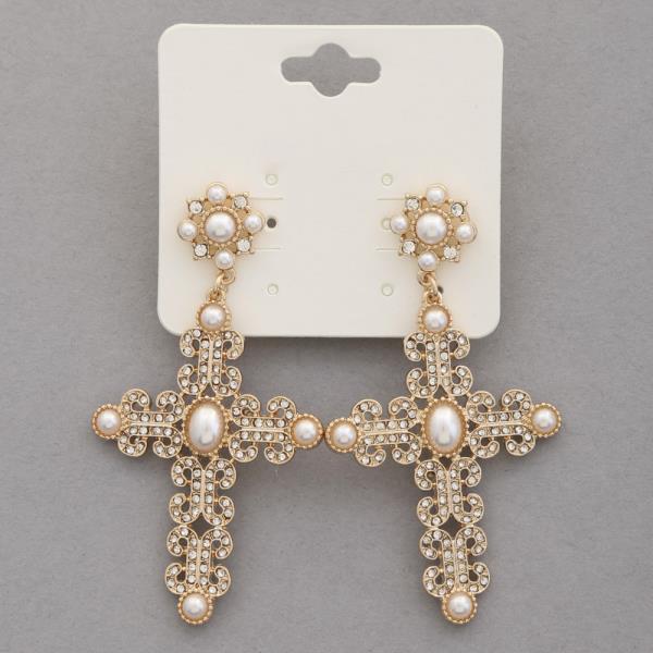 CROSS PEARL BEAD METAL EARRING