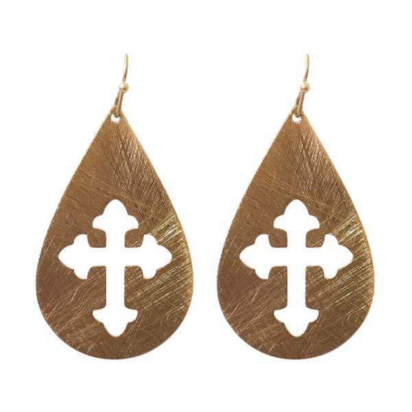 BRASS TEARDROP CROSS DANGLE EARRING