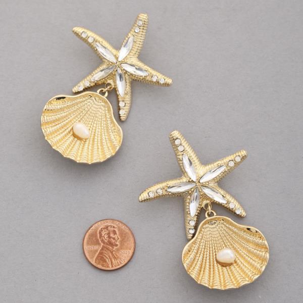 STARFISH SEASHELL RHINESTONE DANGLE EARRING