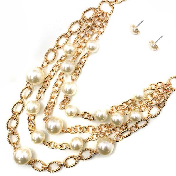 PEARL BEAD LAYERED METAL NECKLACE