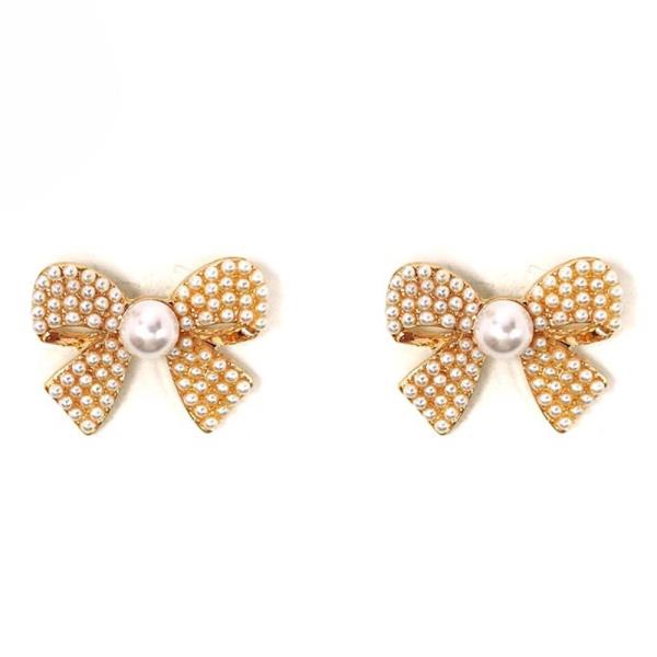 PEARL BEAD BOW METAL EARRING