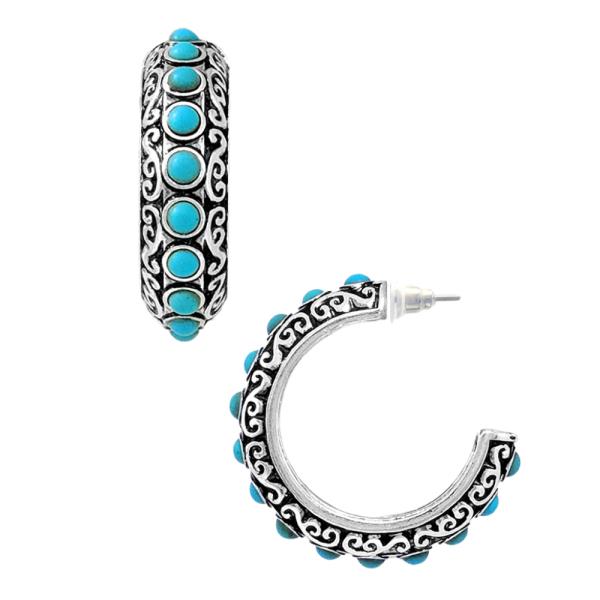 WESTERN STYLE FILIGREE TQ STONE OPEN HOOP EARRING