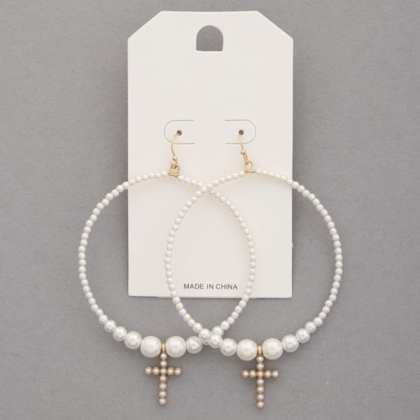 CROSS PEARL BEAD HOOP EARRING