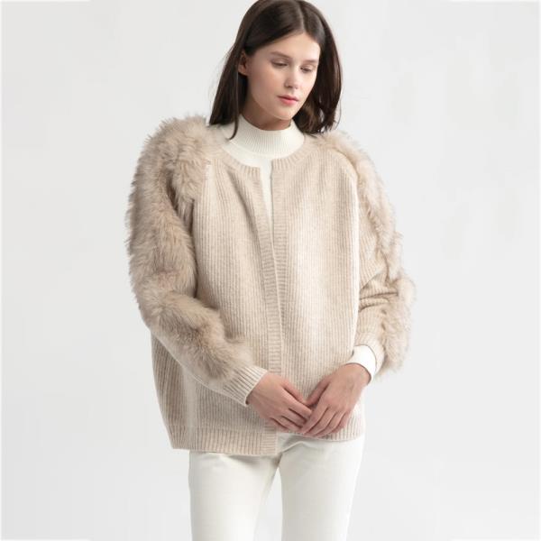 FUR SLEEVES WAFFLE CARDIGAN