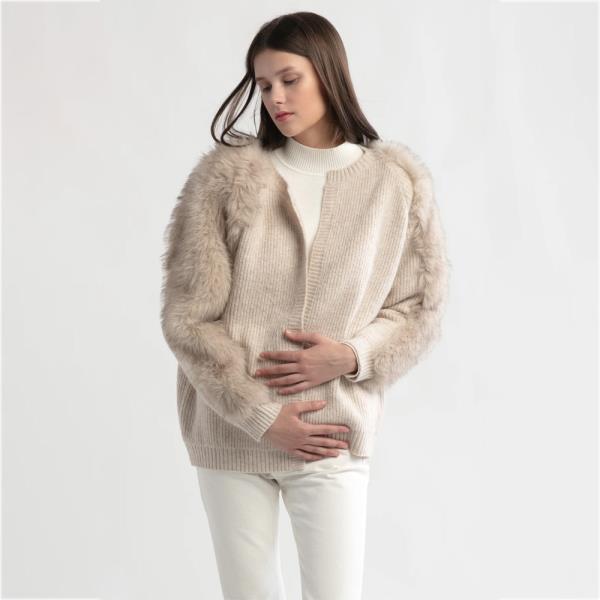 FUR SLEEVES WAFFLE CARDIGAN