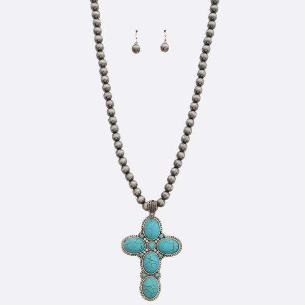 WESTERN STYLE CROSS PENDANT TURQUOISE BEADED NECKLACE