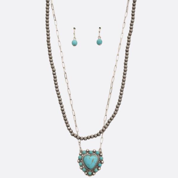 TURQUOISE HEART PENDANT BEADED LAYERED NECKLACE