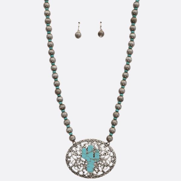 METAL CACTUS OVAL PENDANT BEADED NECKLACE