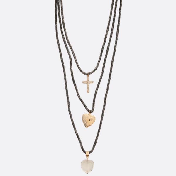 HEART CROSS LAYERED RHINESTONE NECKLACE