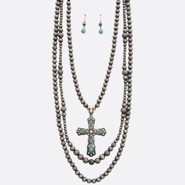 WESTERN STYLE CROSS PENDANT LAYERED BEADED NECKLACE