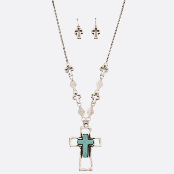 WESTERN STYLE TURQUOISE BEAD CROSS PENDANT NECKLACE