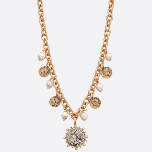 COIN MEDALLION PETAL BEAD METAL NECKLACE