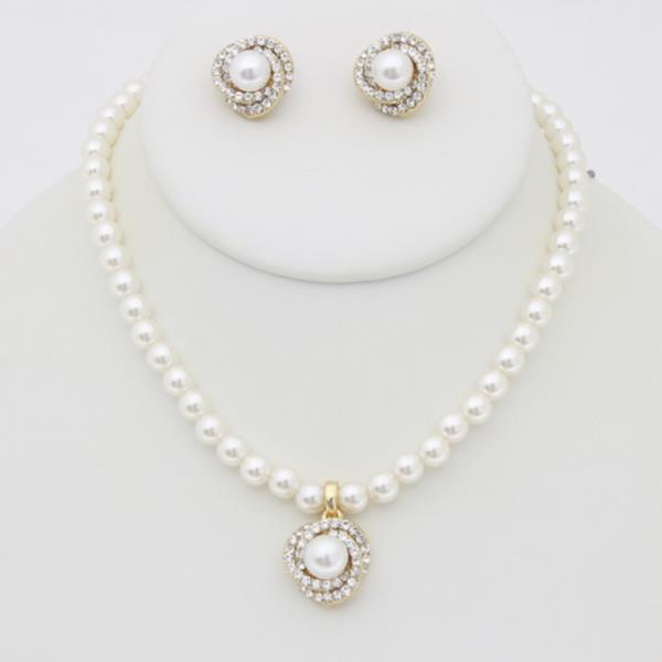 RHINESTONE PEARL PENDANT NECKLACE EARRING SET