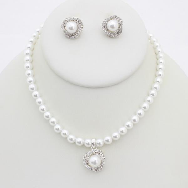 RHINESTONE PEARL PENDANT NECKLACE EARRING SET
