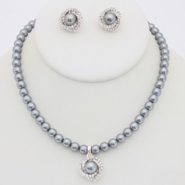 RHINESTONE PEARL PENDANT NECKLACE EARRING SET