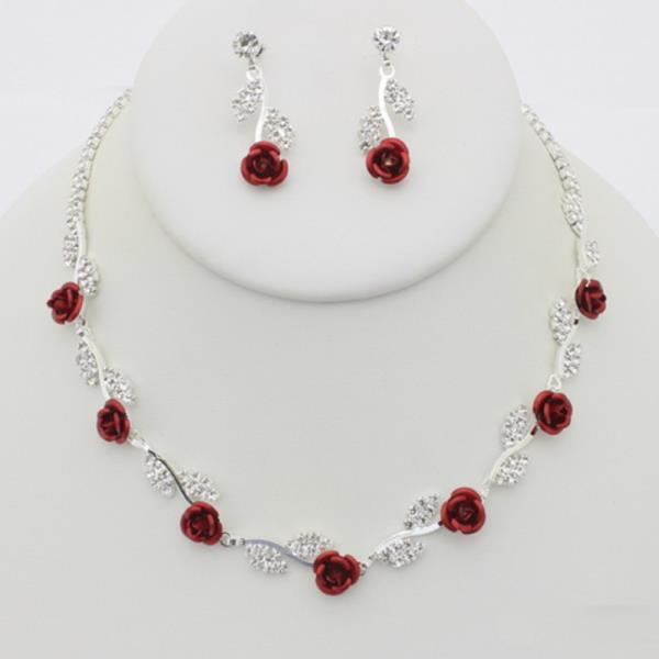 RHINESTONE ROSE NECKLACE EARRING SET