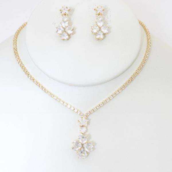 CZ FLOWER RHINESTONE NECKLACE EARRING SET