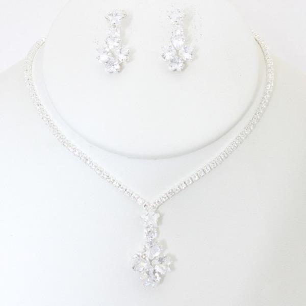 CZ FLOWER RHINESTONE NECKLACE EARRING SET