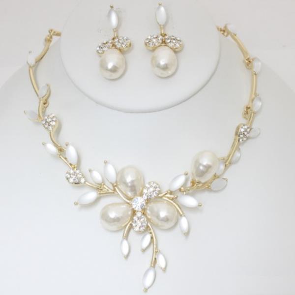 PEARL RHINESTONE NECKLACE EARRING SET