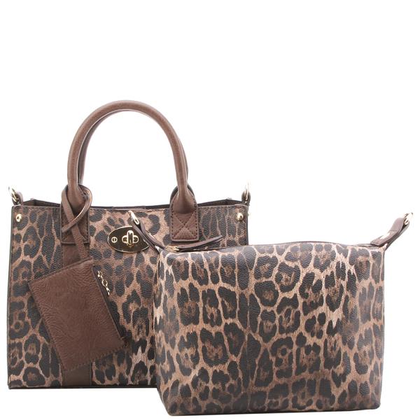 3IN1 LEOPARD BOXY SATCHEL W CROSSBODY AND COIN PURSE SET