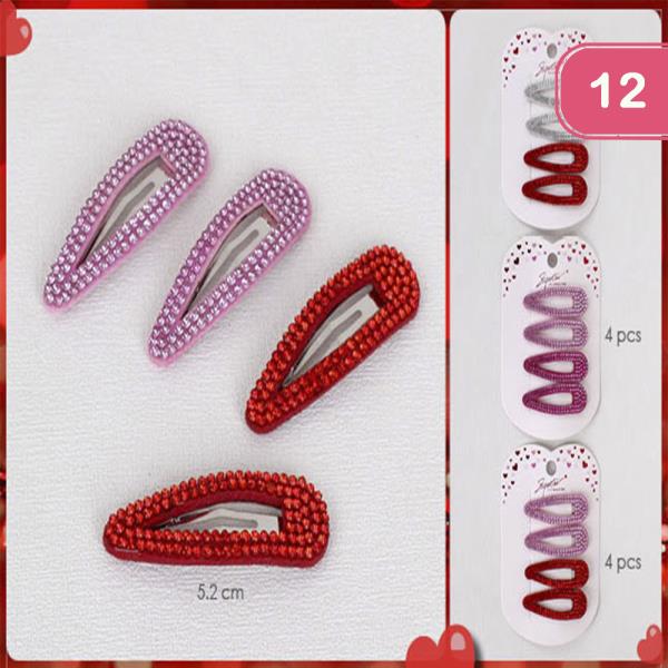 4 PCS PINK AND RED TONE STONE SNAP HAIR PIN (12 UNITS)