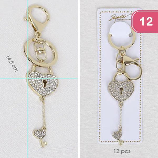 CRYSTAL HEART AND KEY LOCK AND KEYCHAIN (12 UNITS)