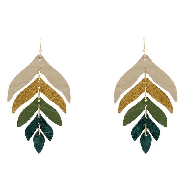 FAUX LEATHER TIERED LEAF DANGLE EARRING