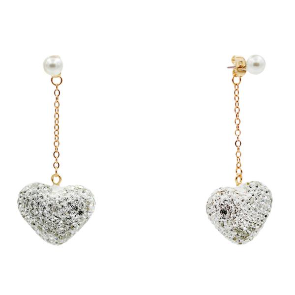 RHINESTONE HEART PEARL BEAD DANGLE EARRING