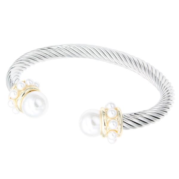 PEARL BEAD LINED METAL CUFF BRACELET