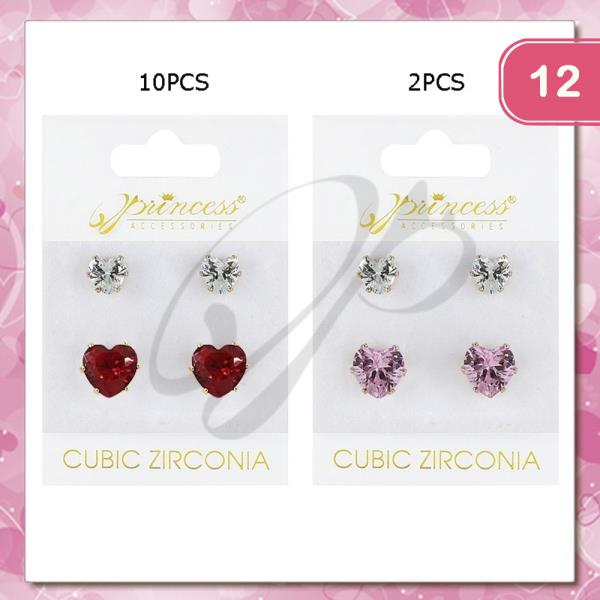 RHINESTONE HEART STUD EARRING 2 PAIR SET (12 UNITS)