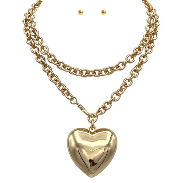 PUFFY HEART CIRCLE LINK LAYERED NECKLACE