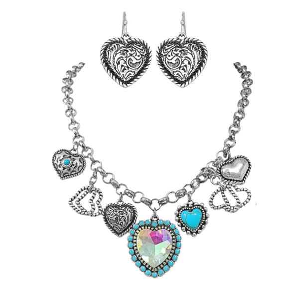 WESTERN STYLE FILIGREE HEART MULTI CHARM NECKLACE