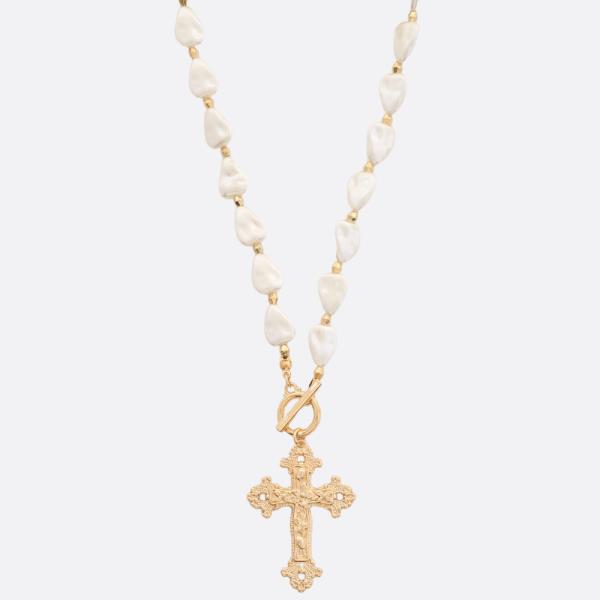 CROSS PENDANT PEARL BEAD TOGGLE CLASP NECKLACE