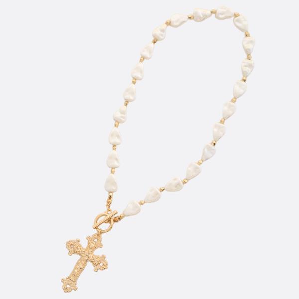 CROSS PENDANT PEARL BEAD TOGGLE CLASP NECKLACE