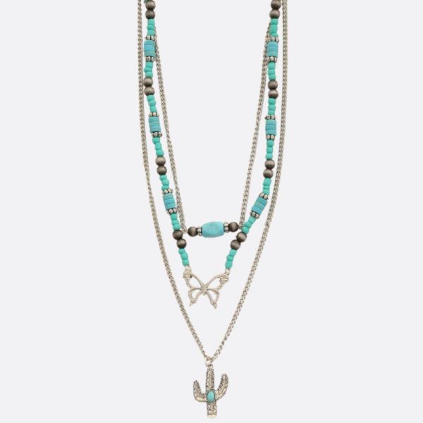 WESTERN STYLE CACTUS BUTTERFLY CHARM BEADED LAYERED NECKLACE