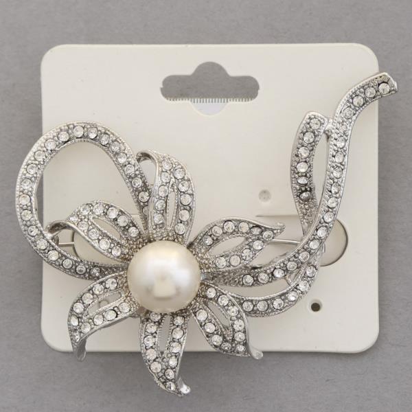 FLOWER PEARL RHINESTONE BROOCH