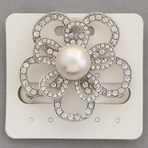 FLOWER RHINESTONE PEARL BEAD BROOCH